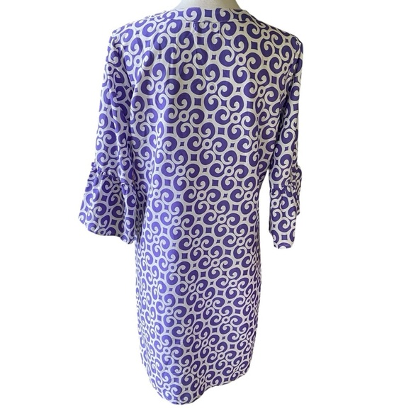 Buckhead Betties Silky Shift Dress Size L Purple White Design Bell Sleeve Roomy - Picture 8 of 12